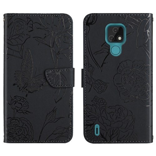 

For Motorola Moto E7 Skin Feel Butterfly Peony Embossed Leather Phone Case(Black)