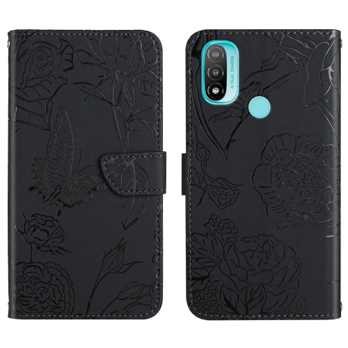 

For Motorola Moto E20 / E30 / E40 Skin Feel Butterfly Peony Embossed Leather Phone Case(Black)
