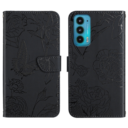 

For Motorola Edge 20 Skin Feel Butterfly Peony Embossed Leather Phone Case(Black)