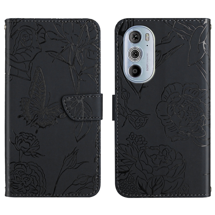 

For Motorola Edge 30 Pro Skin Feel Butterfly Peony Embossed Leather Phone Case(Black)