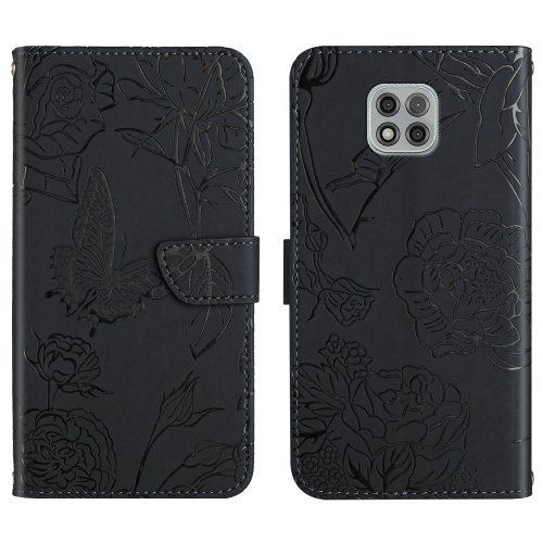 

For Motorola Moto G Power 2021 Skin Feel Butterfly Peony Embossed Leather Phone Case(Black)