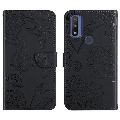 

For Motorola Moto G Pure 2021 Skin Feel Butterfly Peony Embossed Leather Phone Case(Black)