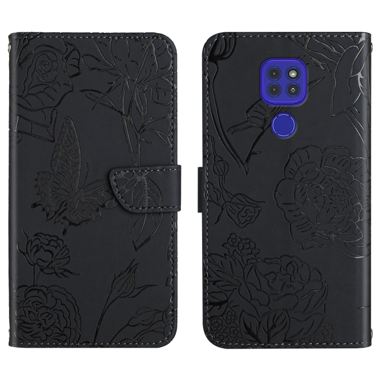 

For Motorola Moto G9 Skin Feel Butterfly Peony Embossed Leather Phone Case(Black)