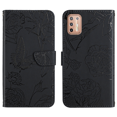 

For Motorola Moto G9 Plus Skin Feel Butterfly Peony Embossed Leather Phone Case(Black)