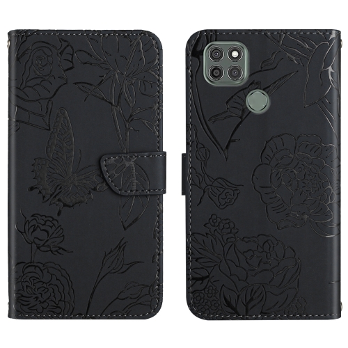 

For Motorola Moto G9 Power Skin Feel Butterfly Peony Embossed Leather Phone Case(Black)