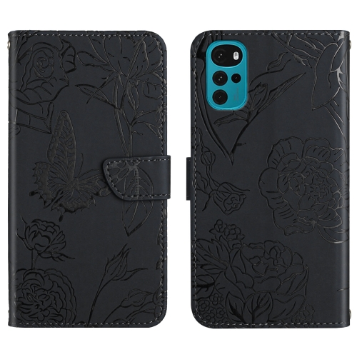 

For Motorola Moto G22 Skin Feel Butterfly Peony Embossed Leather Phone Case(Black)