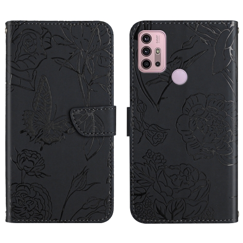 

For Motorola Moto G30 Skin Feel Butterfly Peony Embossed Leather Phone Case(Black)