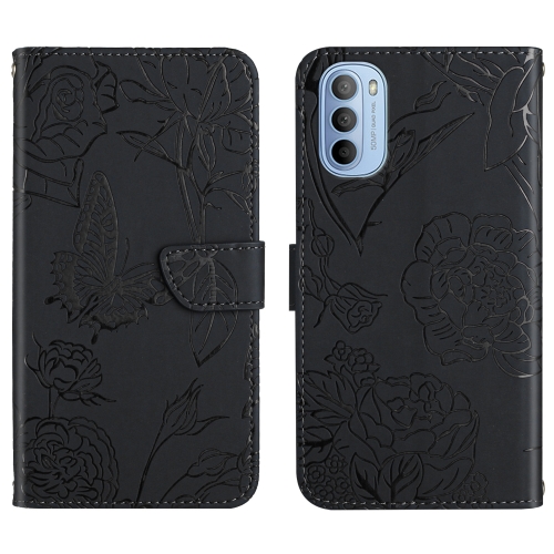 

For Motorola Moto G51 Skin Feel Butterfly Peony Embossed Leather Phone Case(Black)