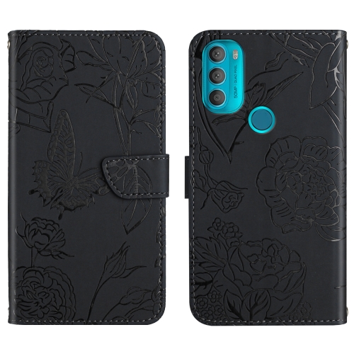 

For Motorola Moto G71 Skin Feel Butterfly Peony Embossed Leather Phone Case(Black)