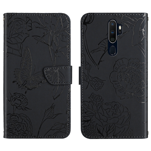 

For OPPO A9 Skin Feel Butterfly Peony Embossed Leather Phone Case(Black)