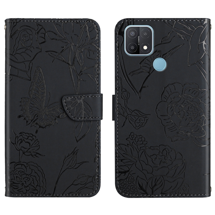 

For OPPO A15 Skin Feel Butterfly Peony Embossed Leather Phone Case(Black)