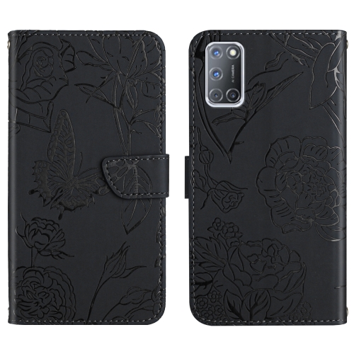 

For OPPO A52 / A72 / A92 Skin Feel Butterfly Peony Embossed Leather Phone Case(Black)