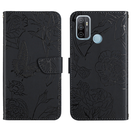 

For OPPO A53 4G Skin Feel Butterfly Peony Embossed Leather Phone Case(Black)