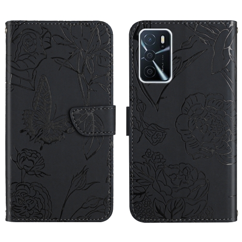 

For OPPO A54 4G / A16 Skin Feel Butterfly Peony Embossed Leather Phone Case(Black)