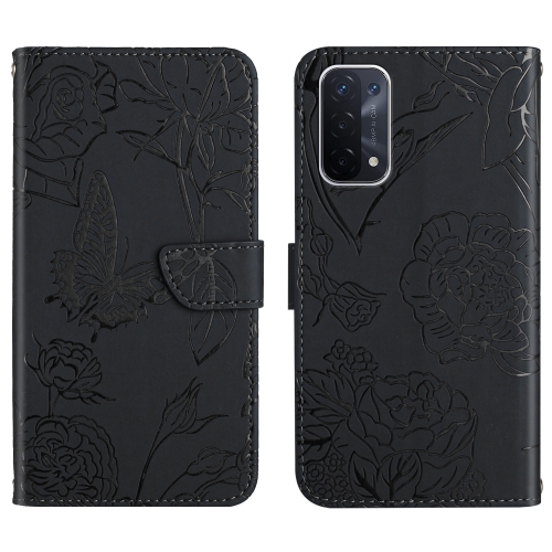 

For OPPO A54 5G Skin Feel Butterfly Peony Embossed Leather Phone Case(Black)