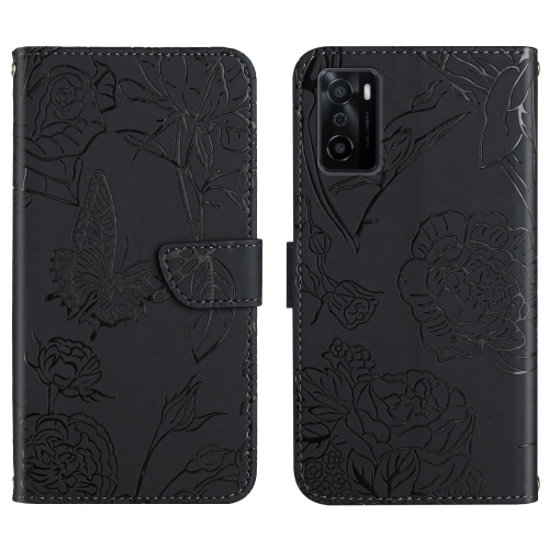 

For OPPO A55s Skin Feel Butterfly Peony Embossed Leather Phone Case(Black)