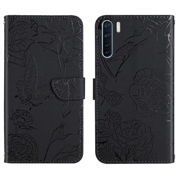 

For OPPO A91 Skin Feel Butterfly Peony Embossed Leather Phone Case(Black)