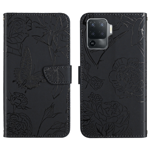 

For OPPO A94 4G Skin Feel Butterfly Peony Embossed Leather Phone Case(Black)