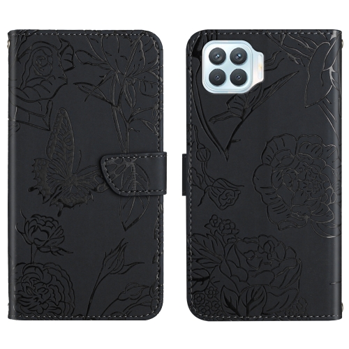 

For OPPO F17 Pro Skin Feel Butterfly Peony Embossed Leather Phone Case(Black)