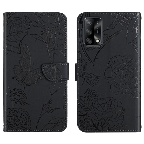 

For OPPO F19 Skin Feel Butterfly Peony Embossed Leather Phone Case(Black)