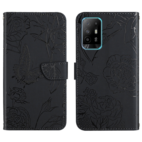

For OPPO F19 Pro+ Skin Feel Butterfly Peony Embossed Leather Phone Case(Black)
