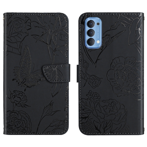 

For OPPO Reno4 5G Skin Feel Butterfly Peony Embossed Leather Phone Case(Black)