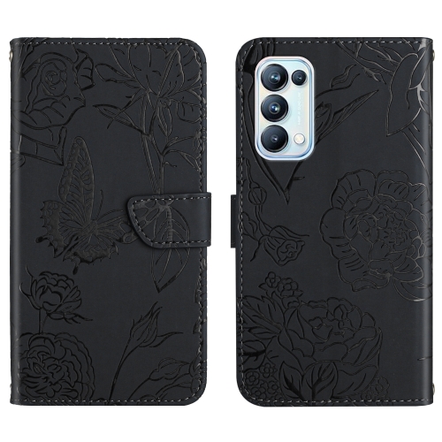 

For OPPO Reno5 Pro 5G Skin Feel Butterfly Peony Embossed Leather Phone Case(Black)