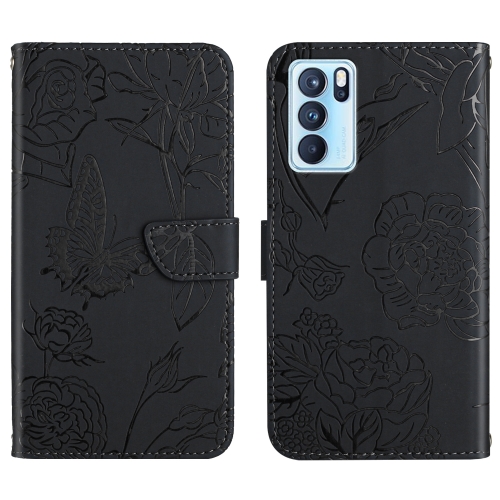 

For OPPO Reno6 Pro 5G Skin Feel Butterfly Peony Embossed Leather Phone Case(Black)