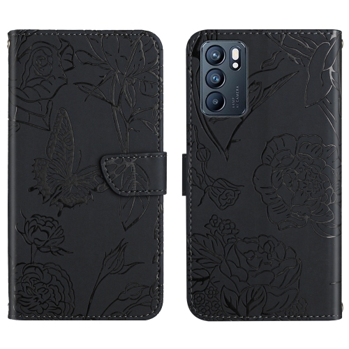 

For OPPO Reno6 5G Skin Feel Butterfly Peony Embossed Leather Phone Case(Black)