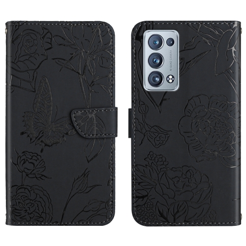 

For OPPO Reno6 Pro+ Skin Feel Butterfly Peony Embossed Leather Phone Case(Black)
