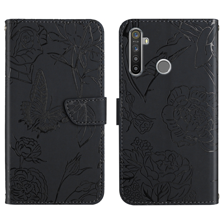 

For OPPO Realme 5 Pro Skin Feel Butterfly Peony Embossed Leather Phone Case(Black)