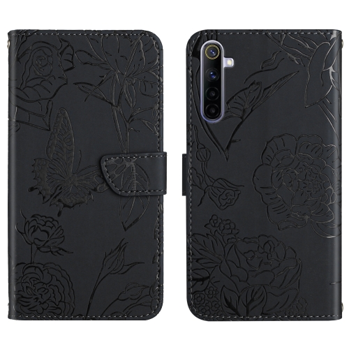 

For OPPO Realme 6 Skin Feel Butterfly Peony Embossed Leather Phone Case(Black)