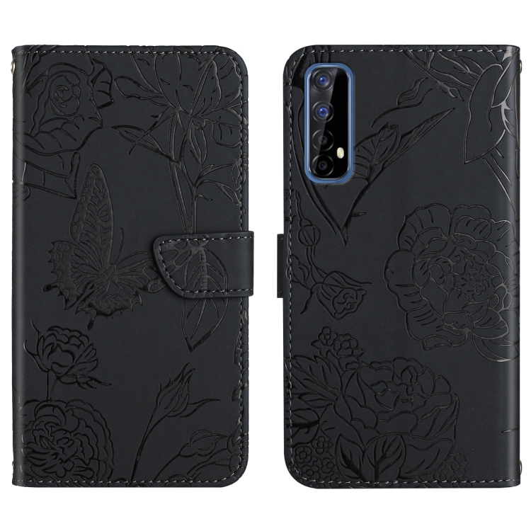 

For OPPO Realme 7 Skin Feel Butterfly Peony Embossed Leather Phone Case(Black)