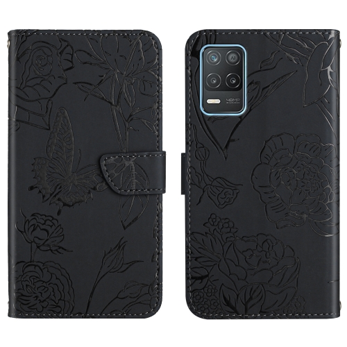 

For OPPO Realme 8 5G / V13 5G Skin Feel Butterfly Peony Embossed Leather Phone Case(Black)