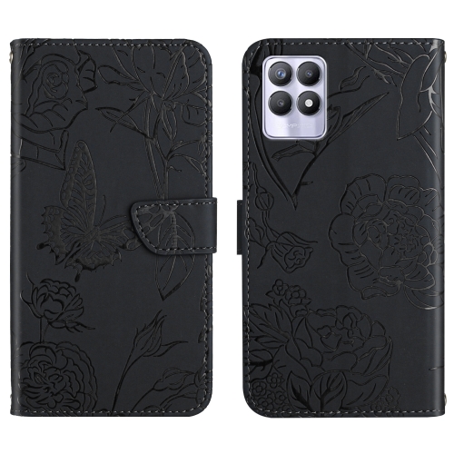 

For OPPO Realme 8i Skin Feel Butterfly Peony Embossed Leather Phone Case(Black)