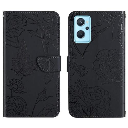 

For OPPO Realme 9i Skin Feel Butterfly Peony Embossed Leather Phone Case(Black)