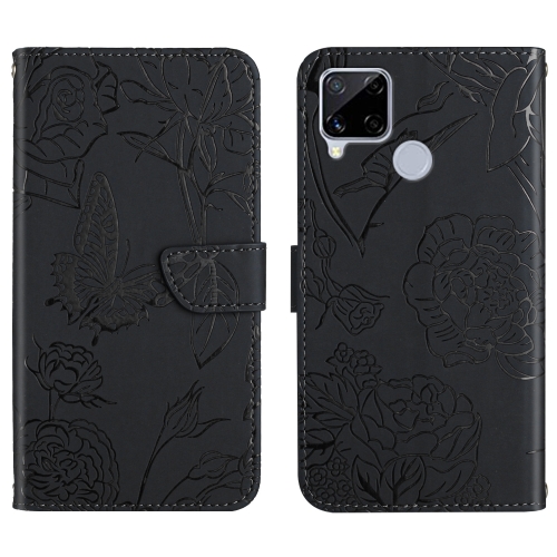 

For OPPO Realme C15 / C12 Skin Feel Butterfly Peony Embossed Leather Phone Case(Black)