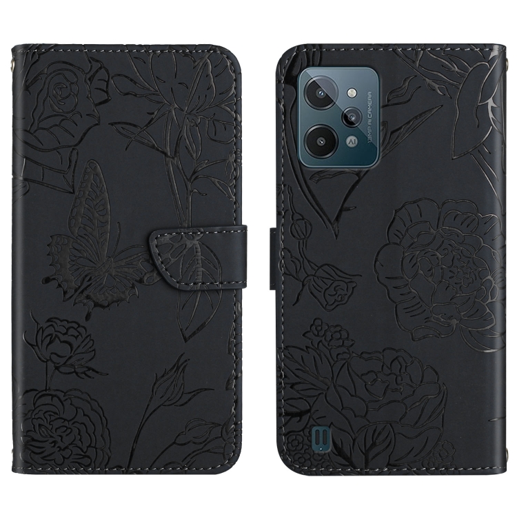 

For OPPO Realme C31 Skin Feel Butterfly Peony Embossed Leather Phone Case(Black)