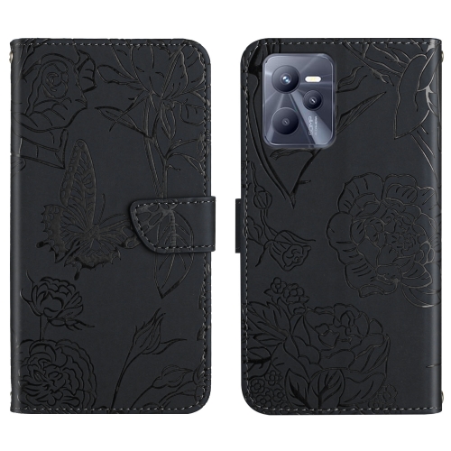 

For OPPO Realme C35 Skin Feel Butterfly Peony Embossed Leather Phone Case(Black)