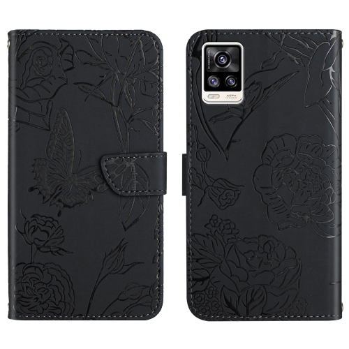 

For vivo S7 / V20 Pro Skin Feel Butterfly Peony Embossed Leather Phone Case(Black)