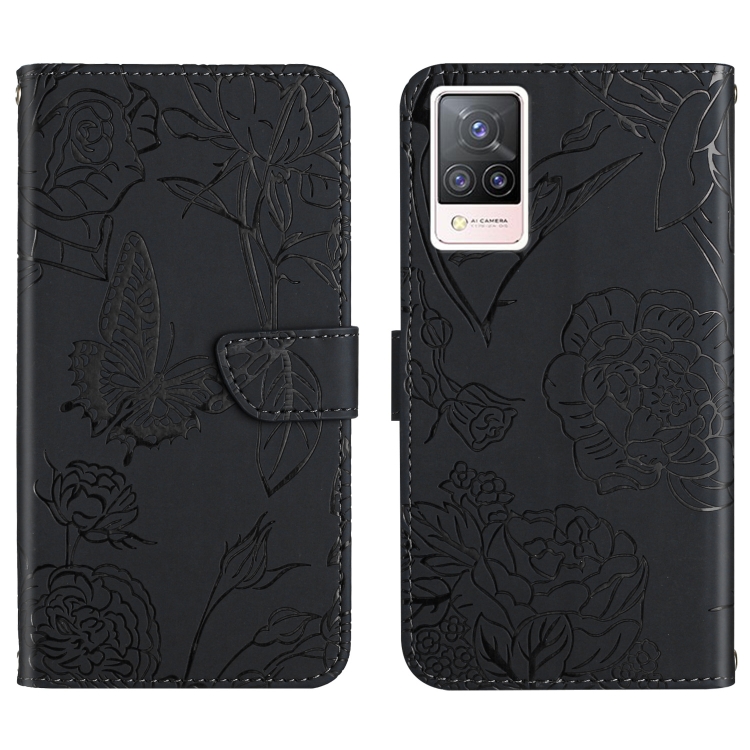 

For vivo S9 Skin Feel Butterfly Peony Embossed Leather Phone Case(Black)