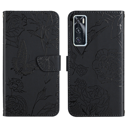 

For vivo V20 SE Skin Feel Butterfly Peony Embossed Leather Phone Case(Black)