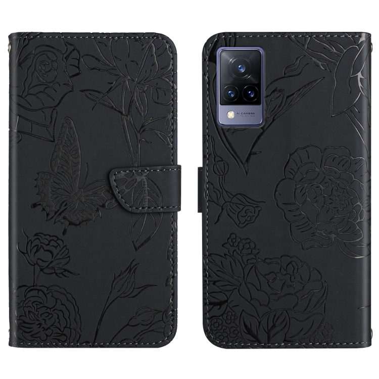 

For vivo V21 5G Skin Feel Butterfly Peony Embossed Leather Phone Case(Black)