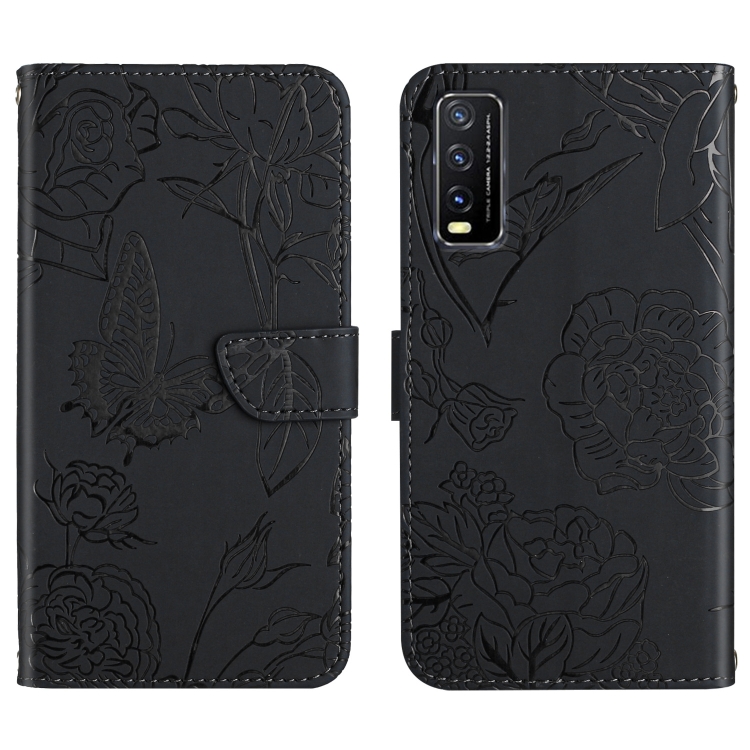 

For vivo Y20 Skin Feel Butterfly Peony Embossed Leather Phone Case(Black)