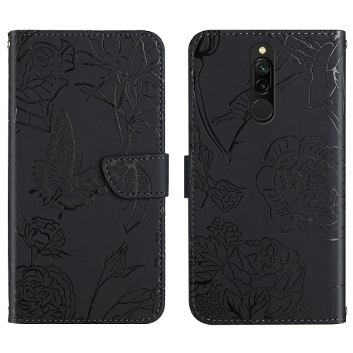 

For Xiaomi Redmi 8 / 8A Skin Feel Butterfly Peony Embossed Leather Phone Case(Black)