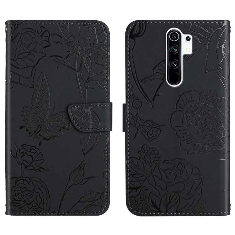 

For Xiaomi Redmi 9 Skin Feel Butterfly Peony Embossed Leather Phone Case(Black)