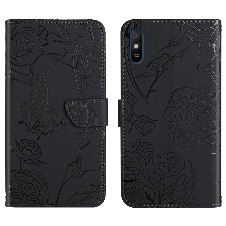 

For Xiaomi Redmi 9A Skin Feel Butterfly Peony Embossed Leather Phone Case(Black)