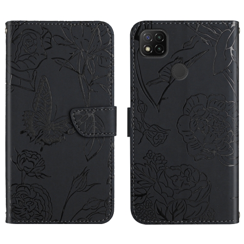 

For Xiaomi Redmi 9C Skin Feel Butterfly Peony Embossed Leather Phone Case(Black)