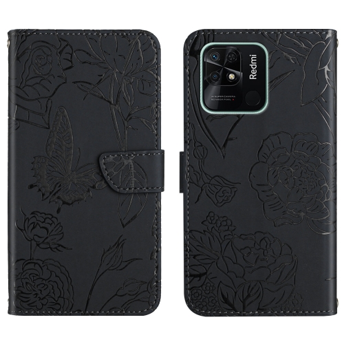 

For Xiaomi Redmi 10C Skin Feel Butterfly Peony Embossed Leather Phone Case(Black)