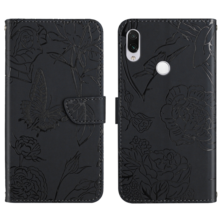 

For Xiaomi Redmi Note 7 Skin Feel Butterfly Peony Embossed Leather Phone Case(Black)